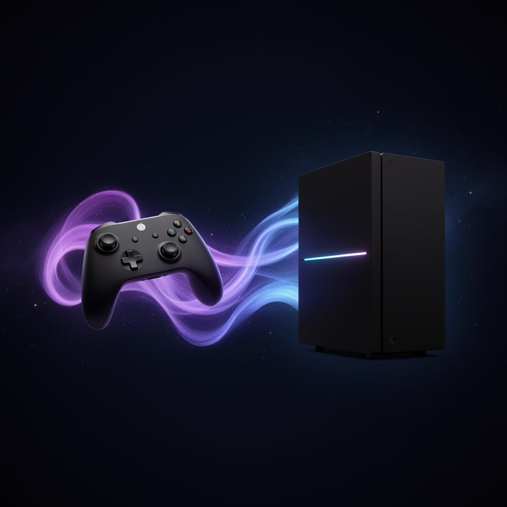 A controller and PC connected by blue and violet light to suggest an automated couch gaming flow