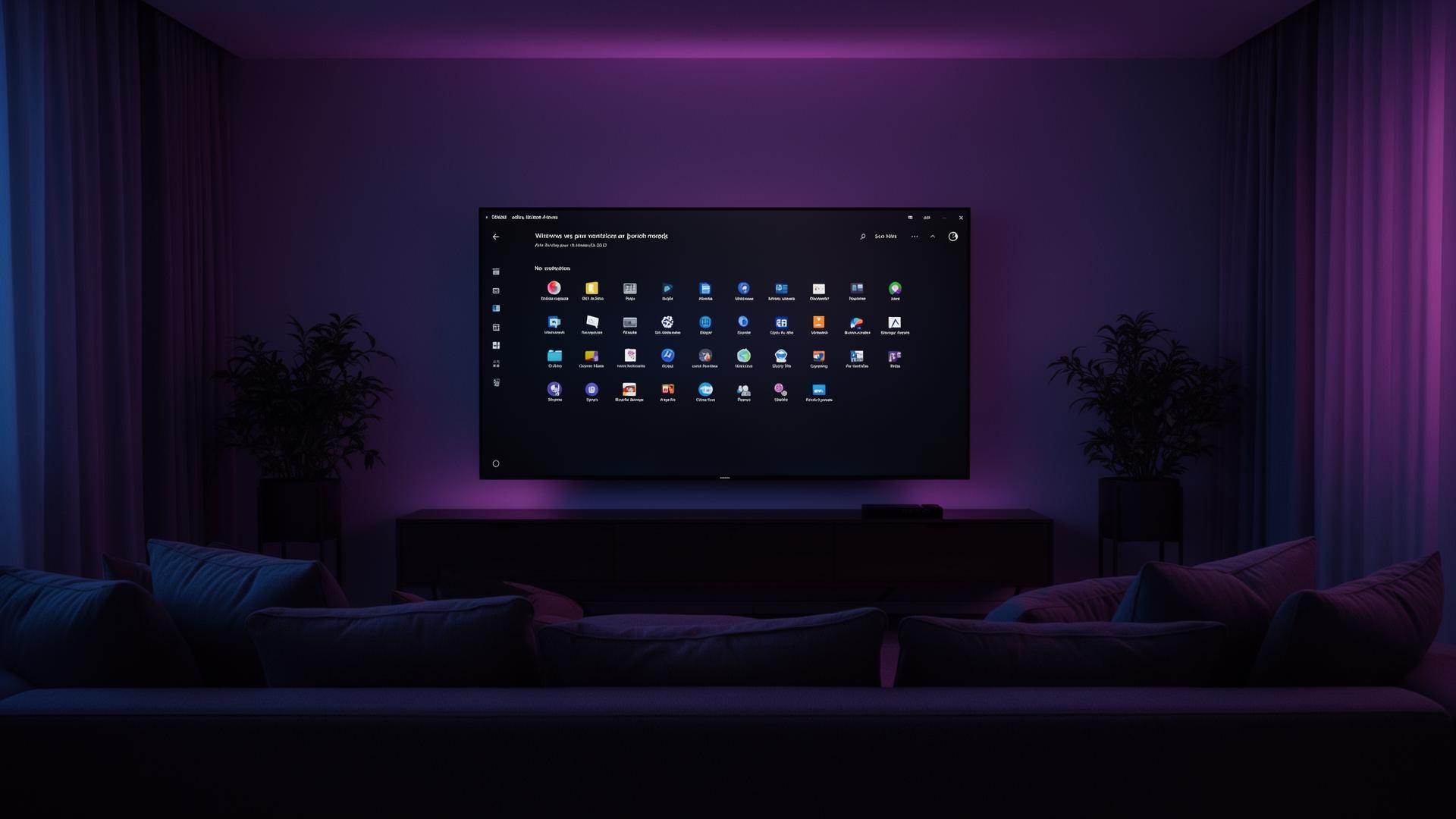 A Windows gaming desktop displayed on a living room TV from couch distance