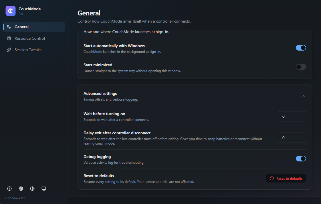 CouchMode General startup and advanced settings.