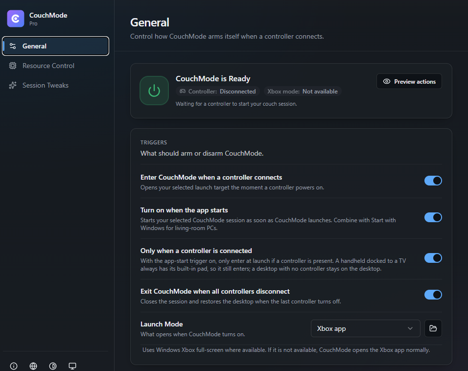 CouchMode General: arm CouchMode when a controller connects and pick your launcher.