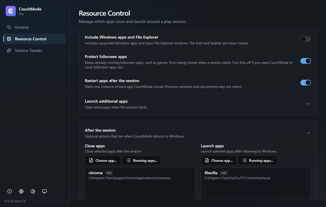 CouchMode Resource Control after-session actions.