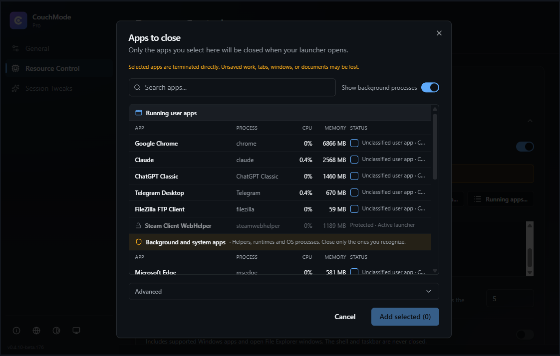 CouchMode running application selector.