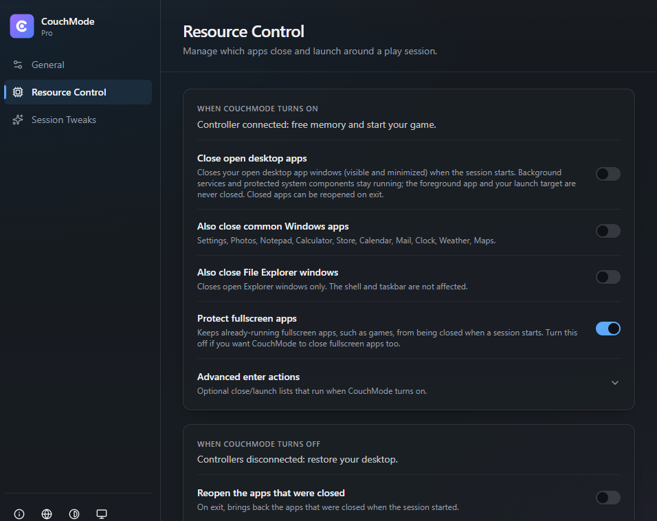 CouchMode Resource Control: choose which desktop apps close before a session and reopen after.
