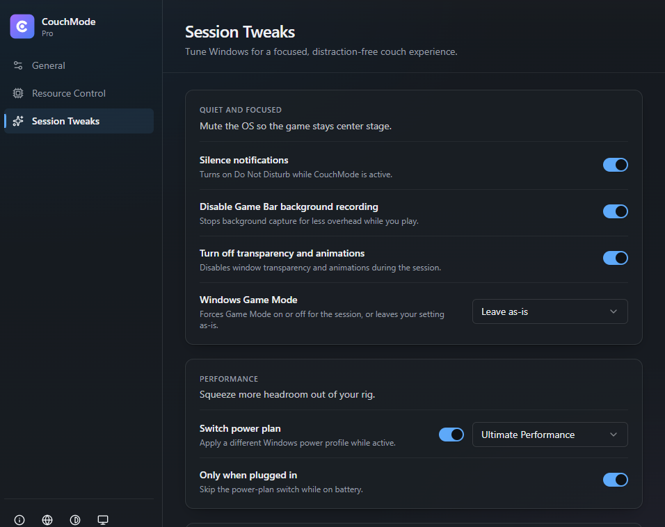 CouchMode Session Tweaks: supported notification, display, and power settings for the session.